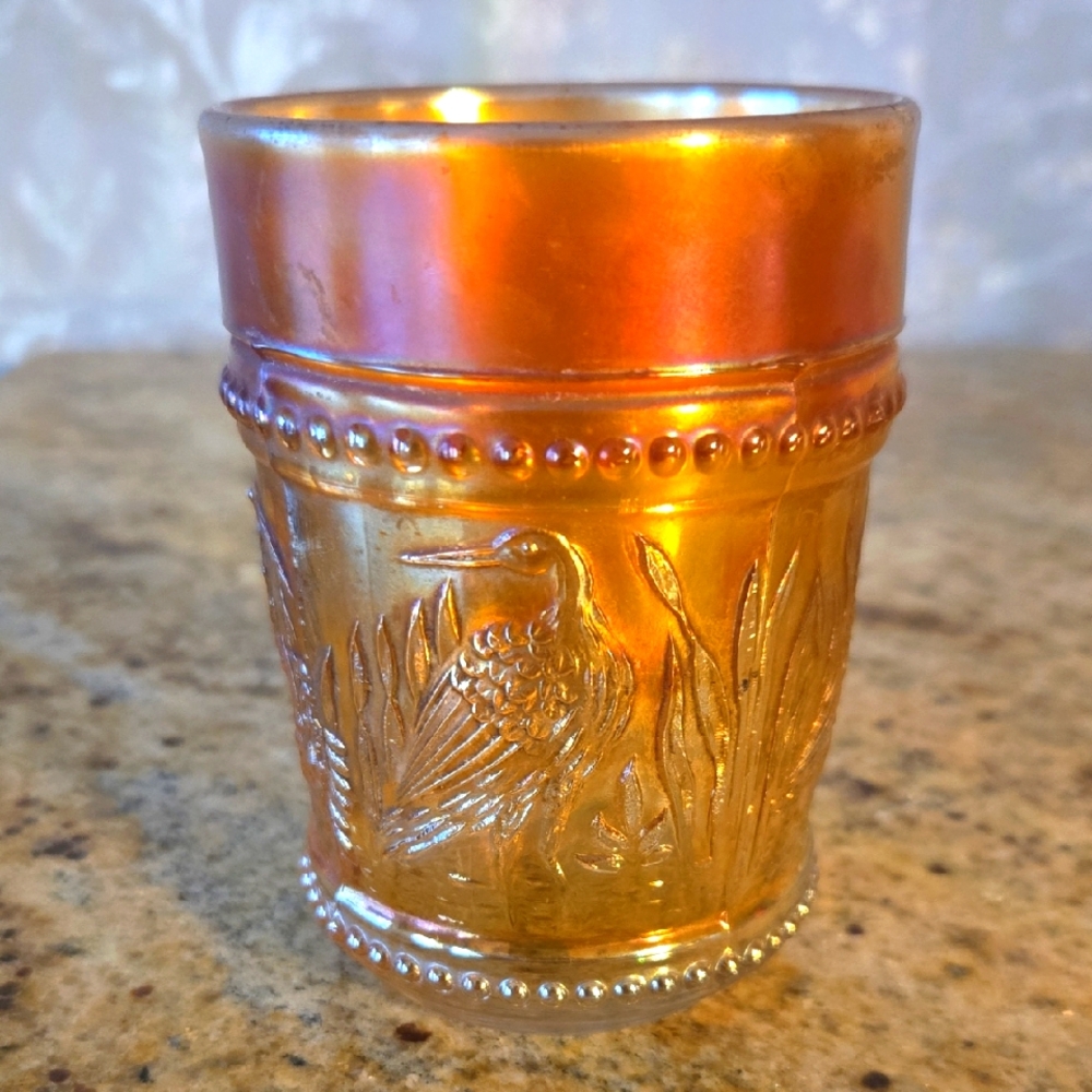 Vintage Dugan Stork And Rushes Marigold Carnival Glass Embossed Tumbler